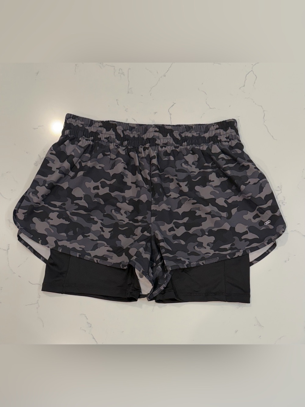 LEG3ND Women’s Gray/Black Camo Athletic Shorts w/ Compression Liner Large